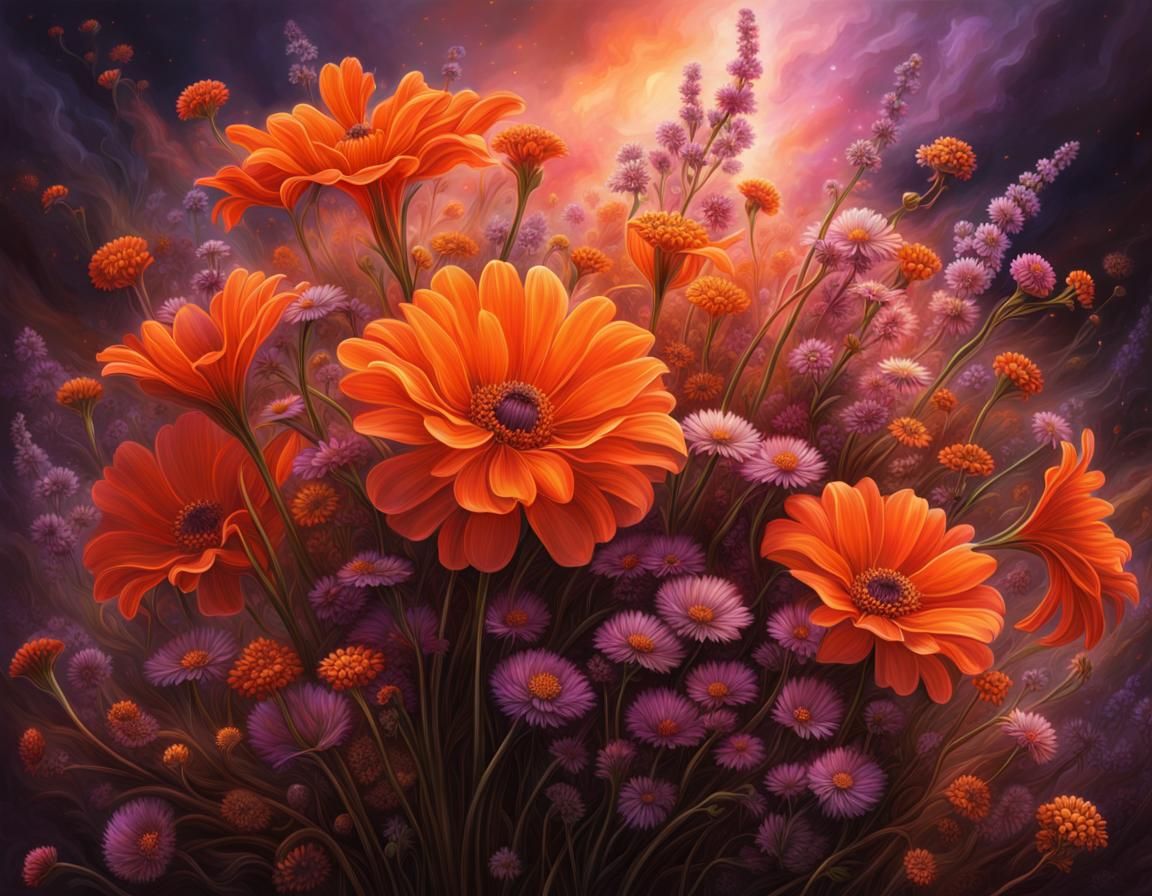 Celestial Bouquet of Meadow Flowers in Orange and Pink