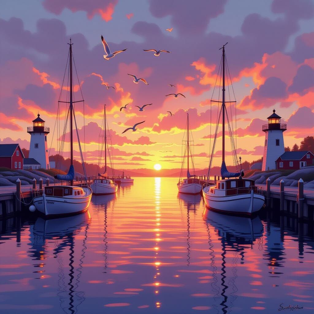 Sunset Harbor with Sailboats, Digital Illustration