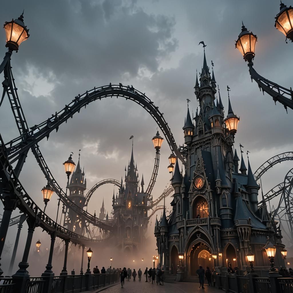French style facade theme park, Mythological roller costers ...