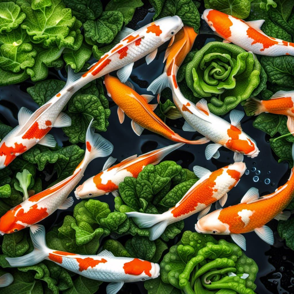 Koi in Vegetable Garden: Hyperrealistic Aquatic Scene