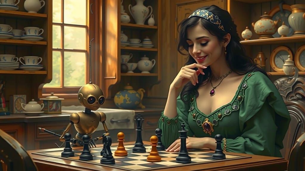 Art Nouveau Fairy Playing Chess with Robot