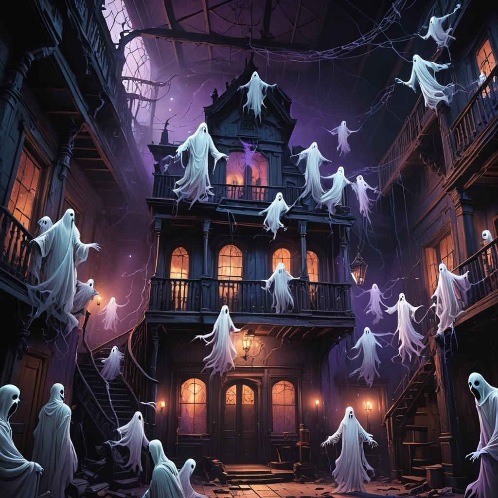 Ghosts Dancing in Haunted House: Dark Fantasy Art