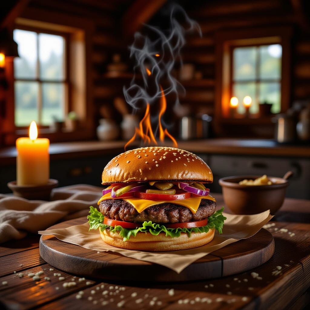Sizzling Burger by Candlelight in Rustic Kitchen