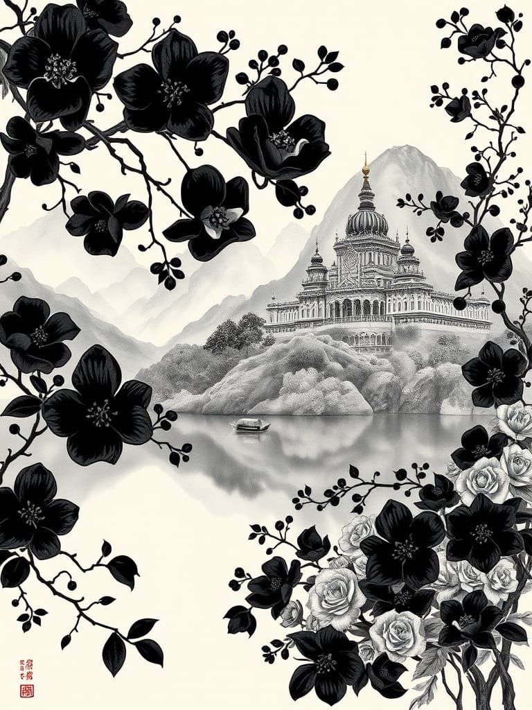 Swirling Blossoms in a Majestic Palace Landscape