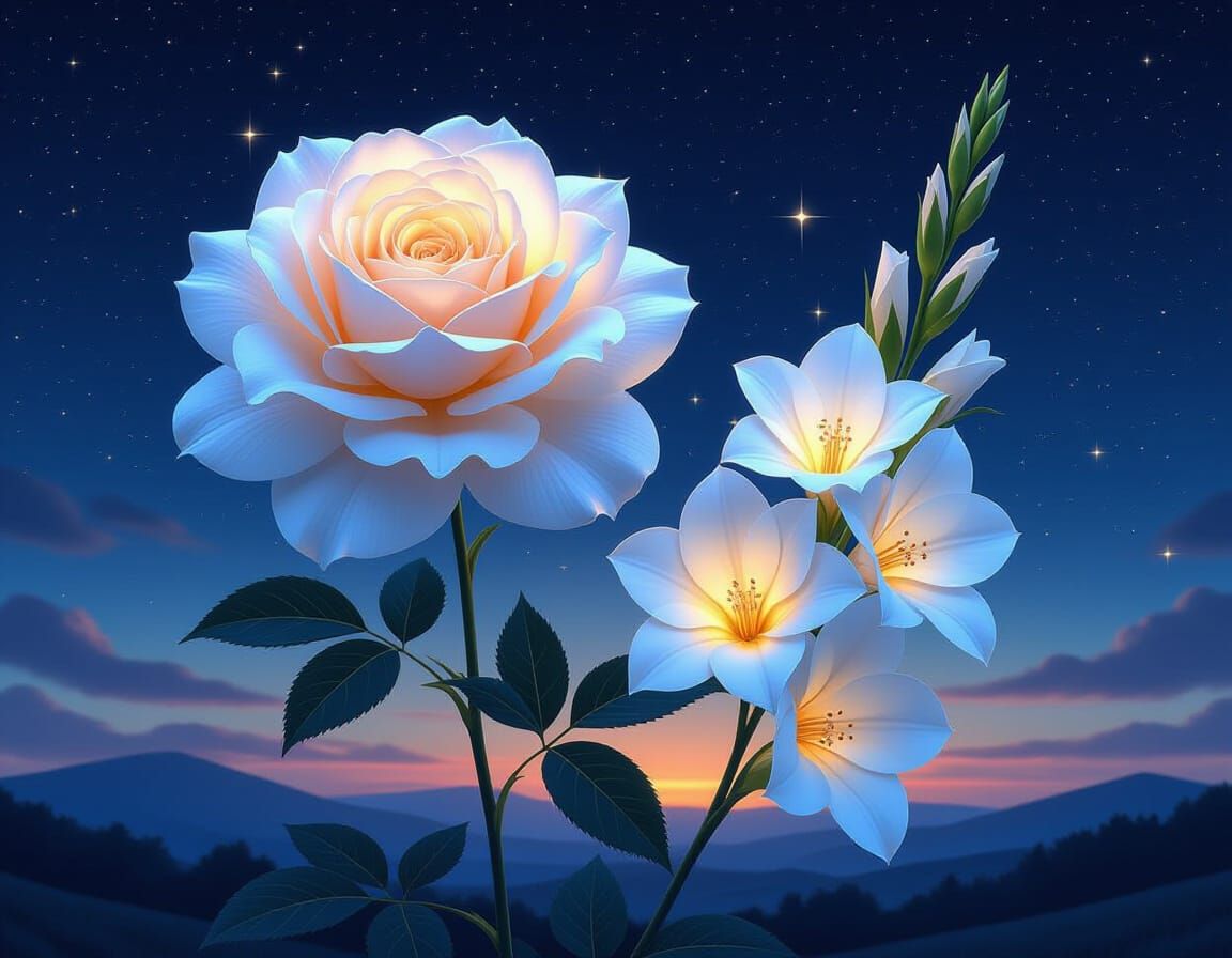 Luminous Flowers Against Black Night Sky