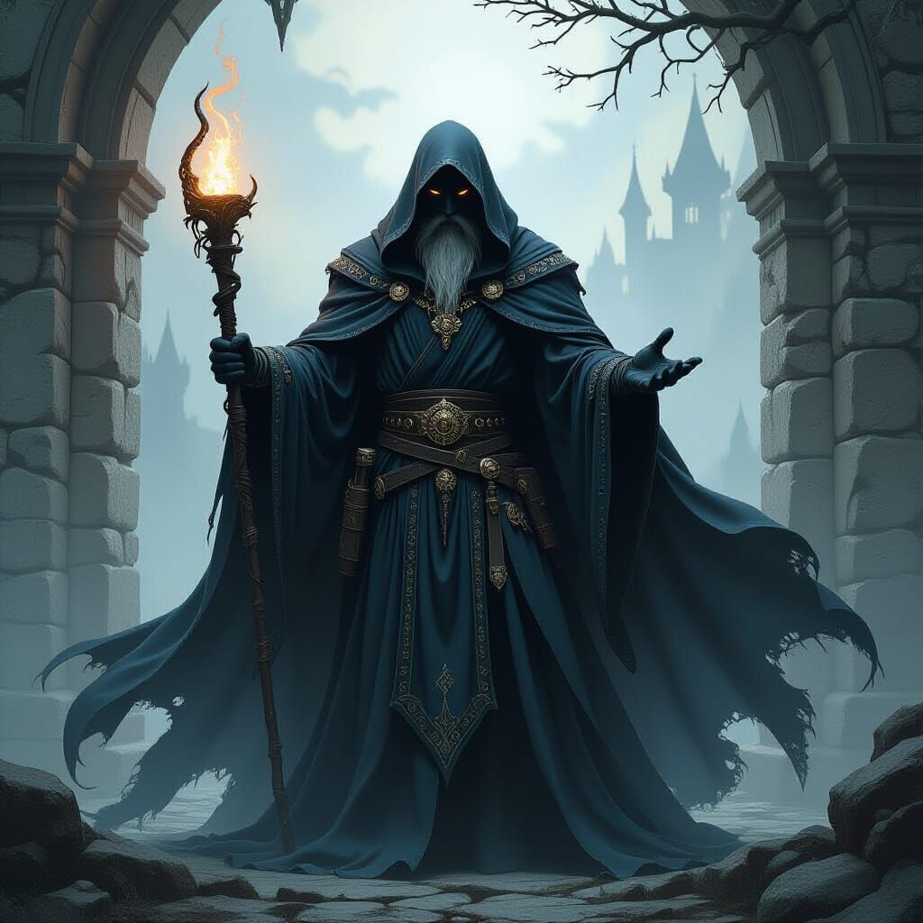 Malagant the Sorcerer in Eerie Medieval Scene