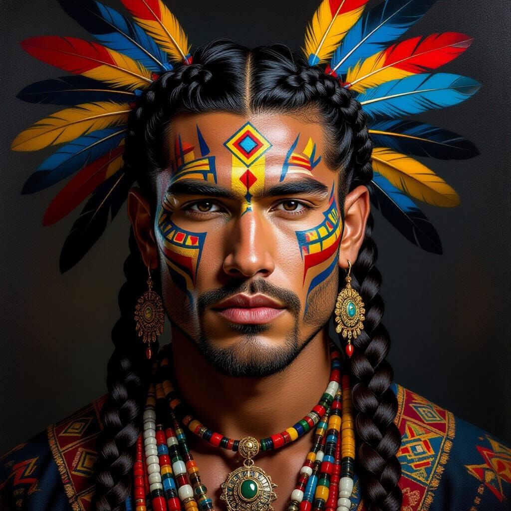 Man with Braids, Feathers & Face Paint in Rembrandt Style