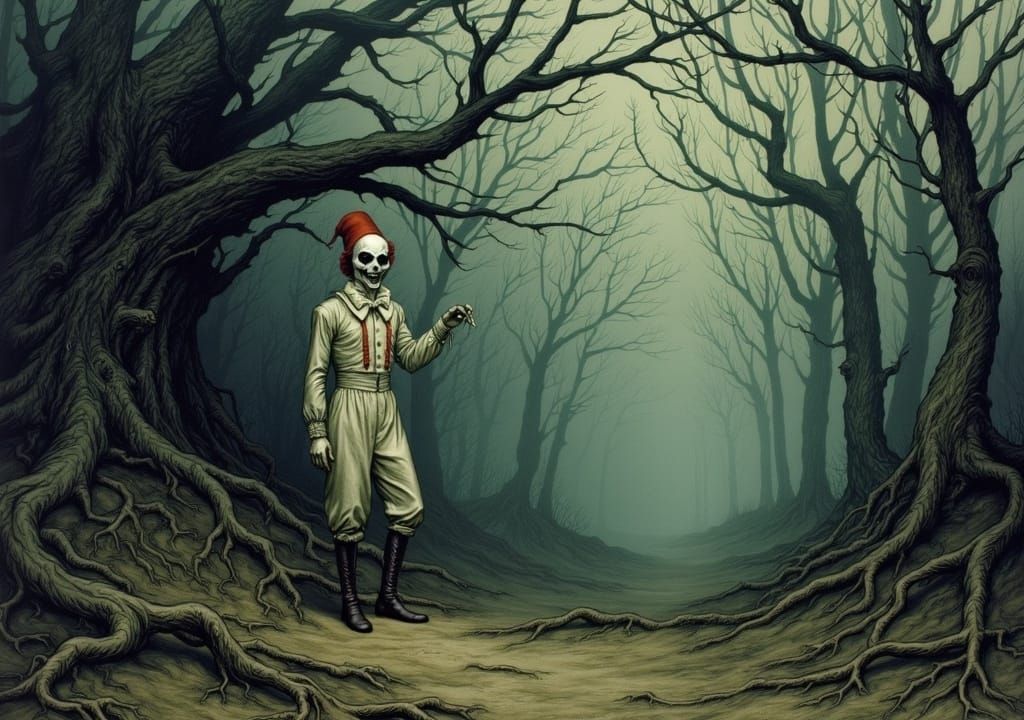 Sinister Pierrot Haunts Dark Tangled Woods
