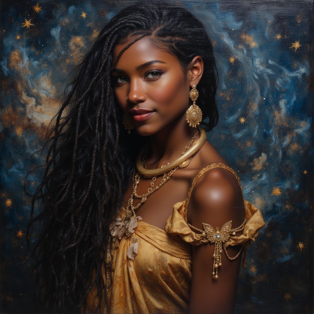 Celestial Goddess with Braided Hair in Oil Painting Style