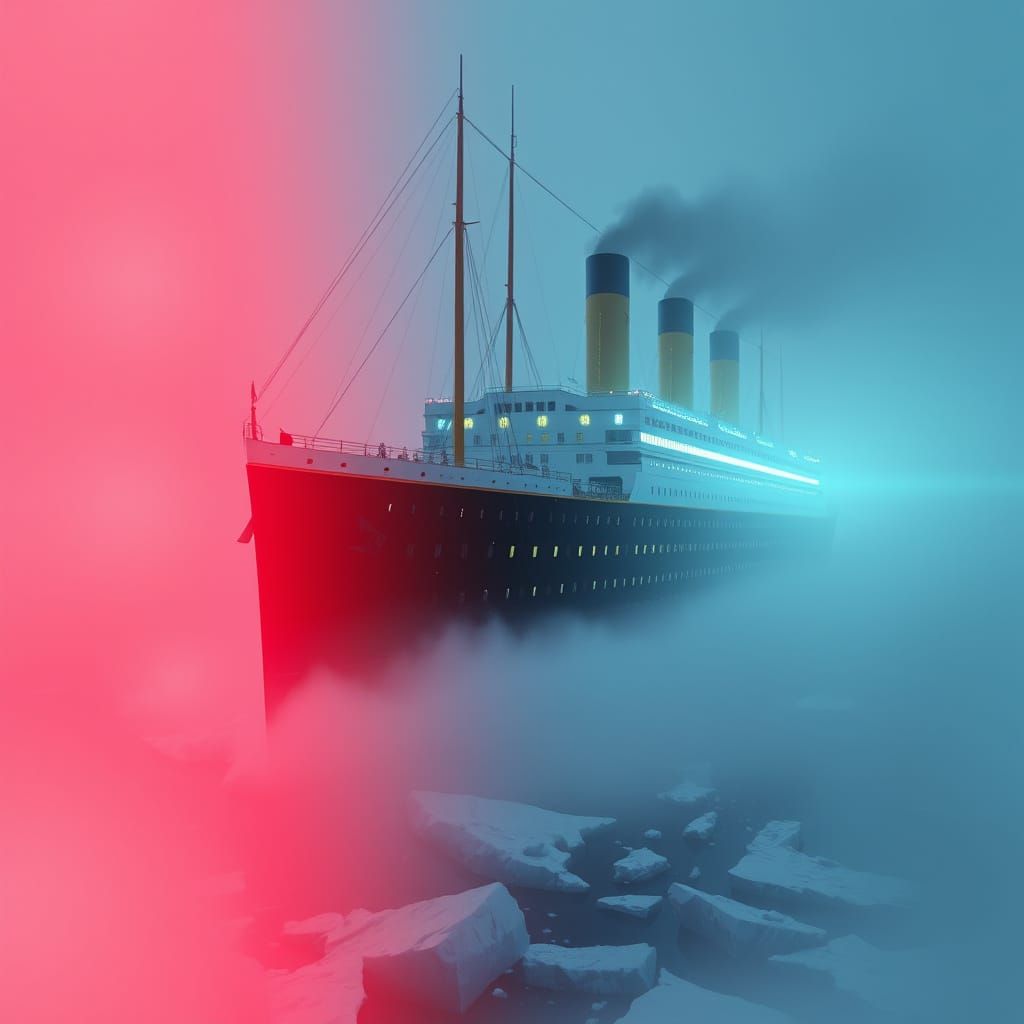 Titanic Ocean Liner in a Haunting, Futuristic Landscape