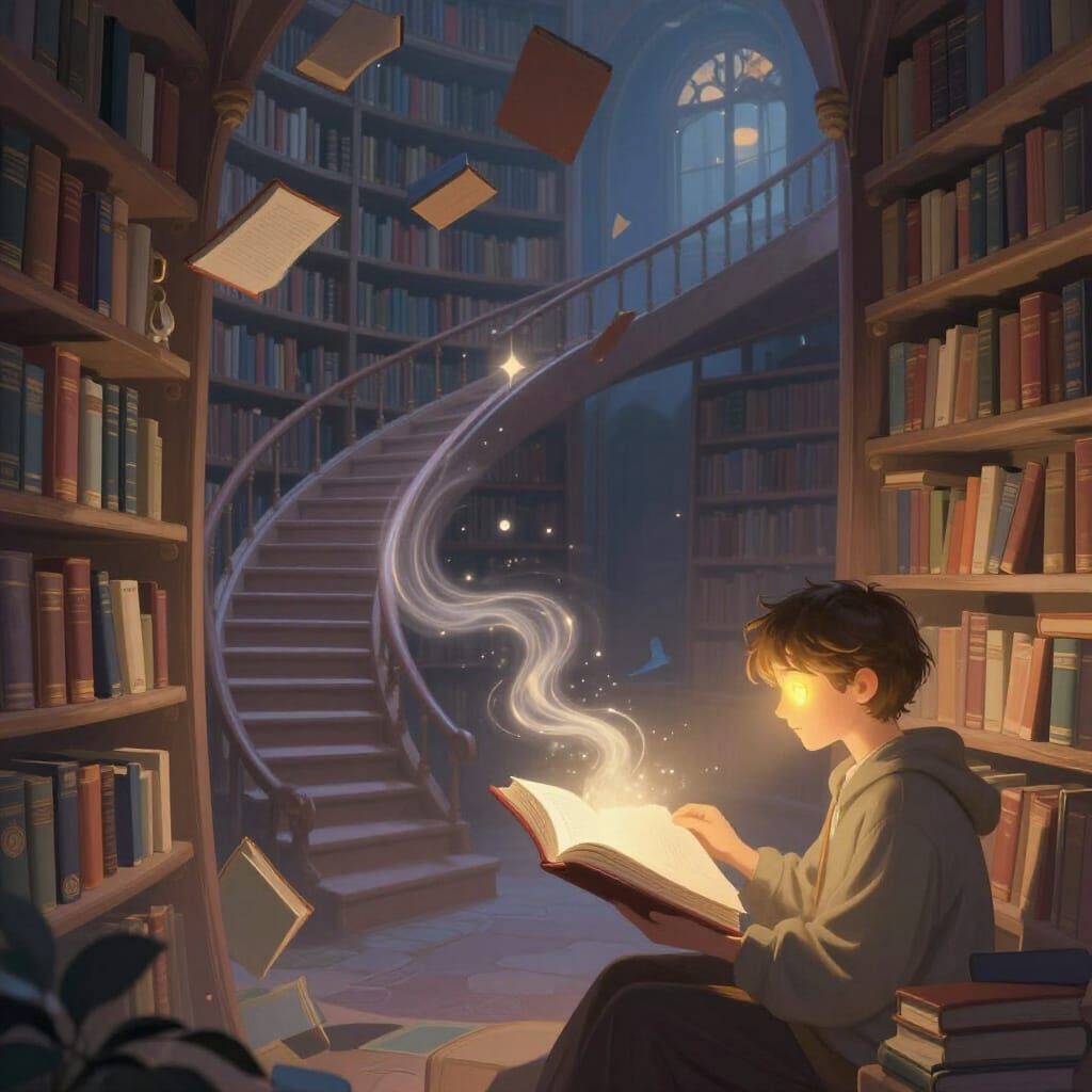 Magical Twilight Library with Floating Books and Scholar
