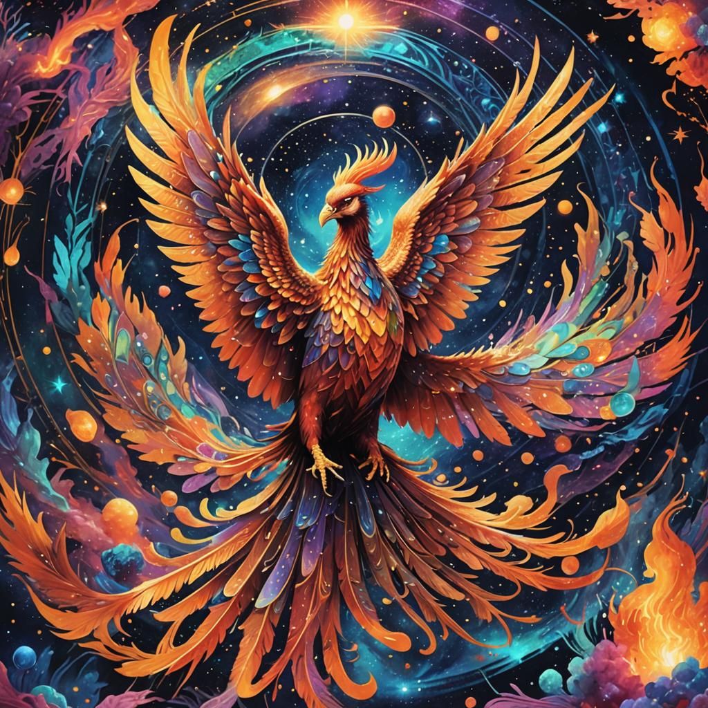 Holographic Cosmic Phoenix Illustration