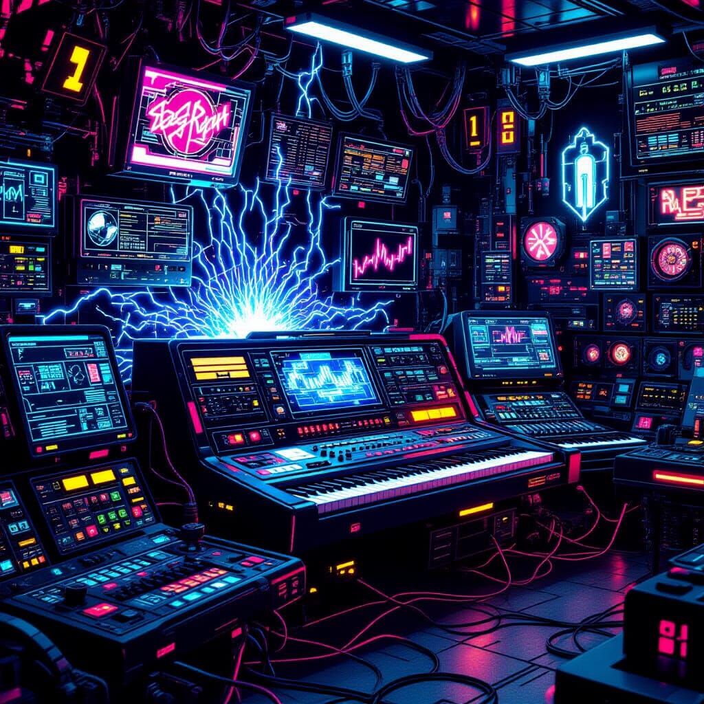 Retro-Futuristic Music Machine in Cyberpunk Style