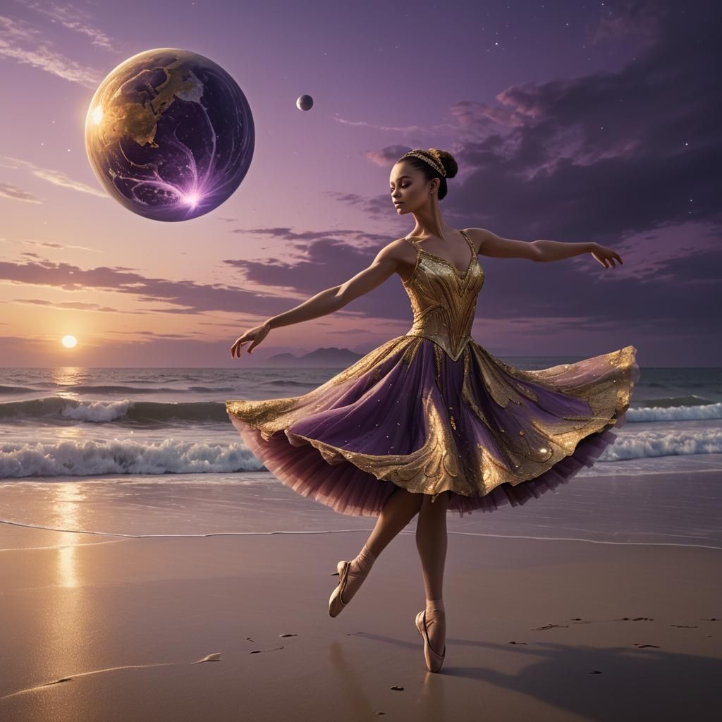 Ballerina Dances on Beach at Purple Sunset