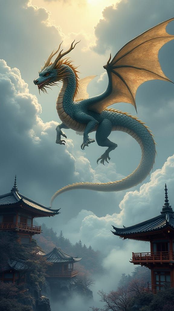 Majestic Japanese Dragon Soars Above Kyoto Temples in Golden...