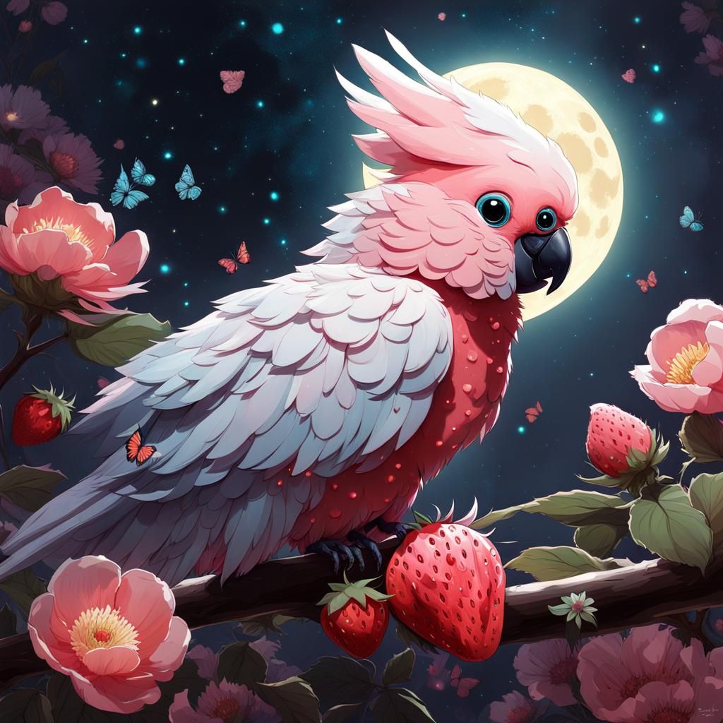 Chibi Strawberry Cockatoo Constellation on Bioluminescent Fl...