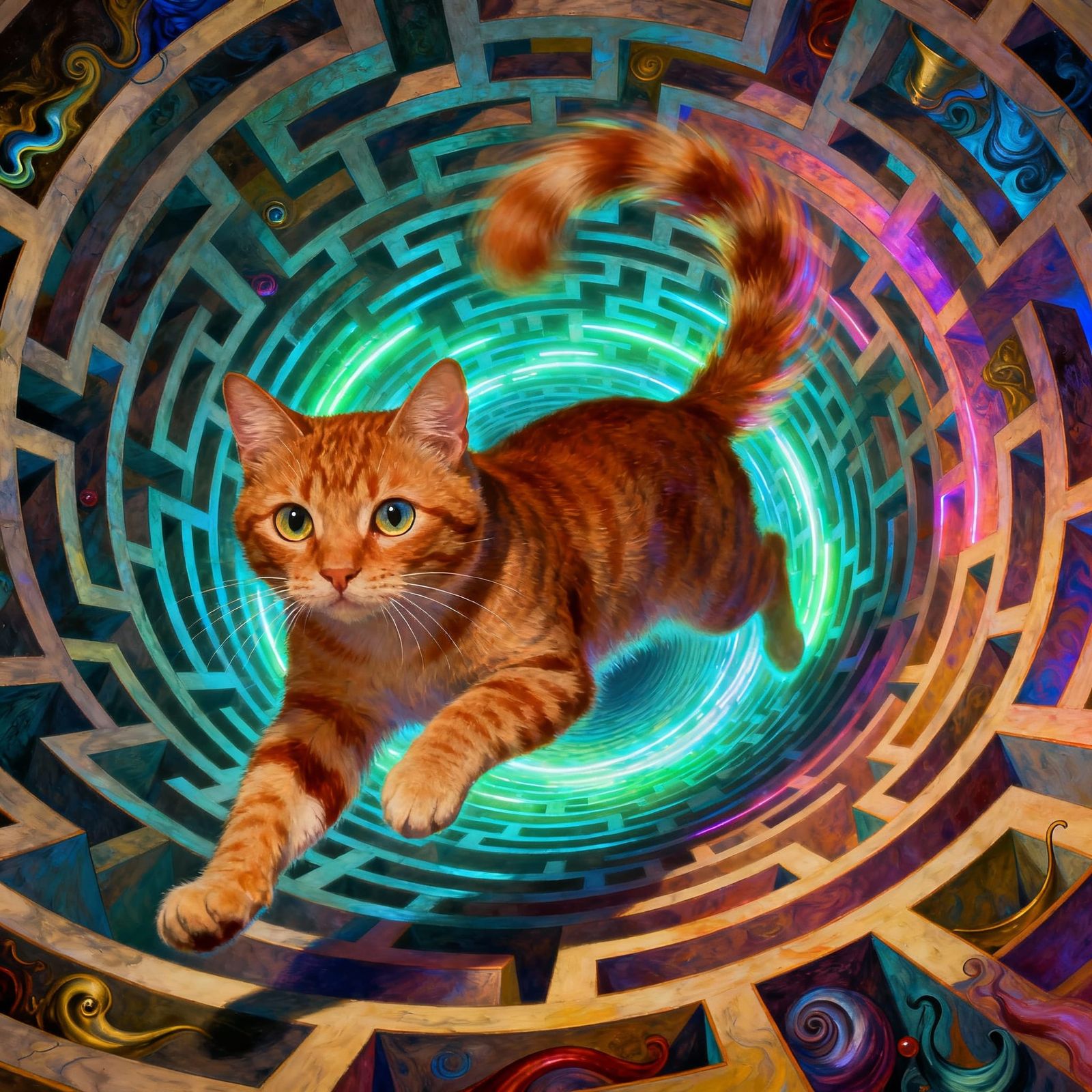 Cat Chasing Tail in Endless Spiral Maze