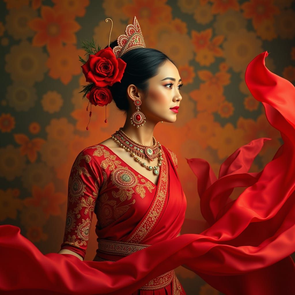 Indonesian Princess in Traditional Dress with Golden Temple