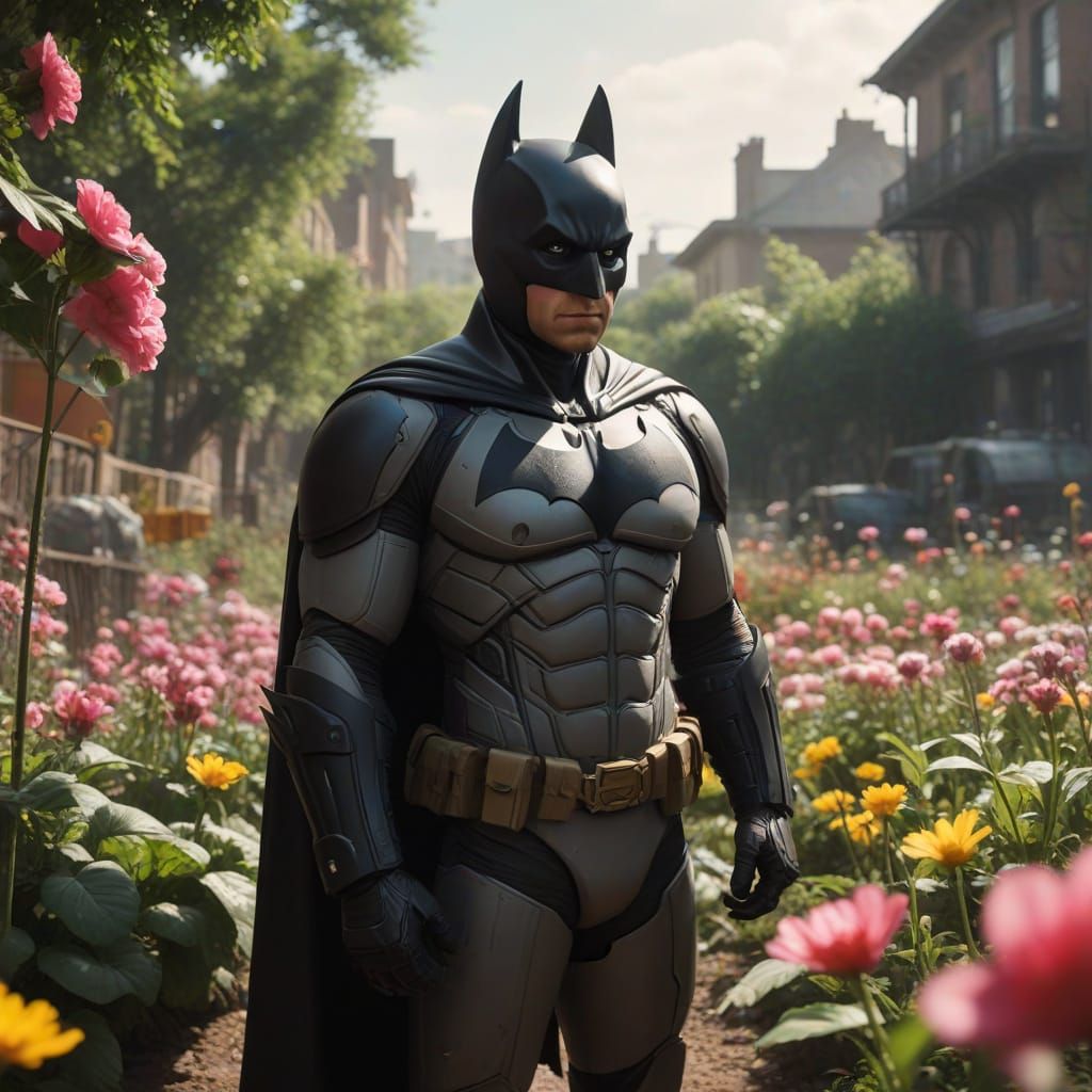 Batman taken time to enjoying the flowers.