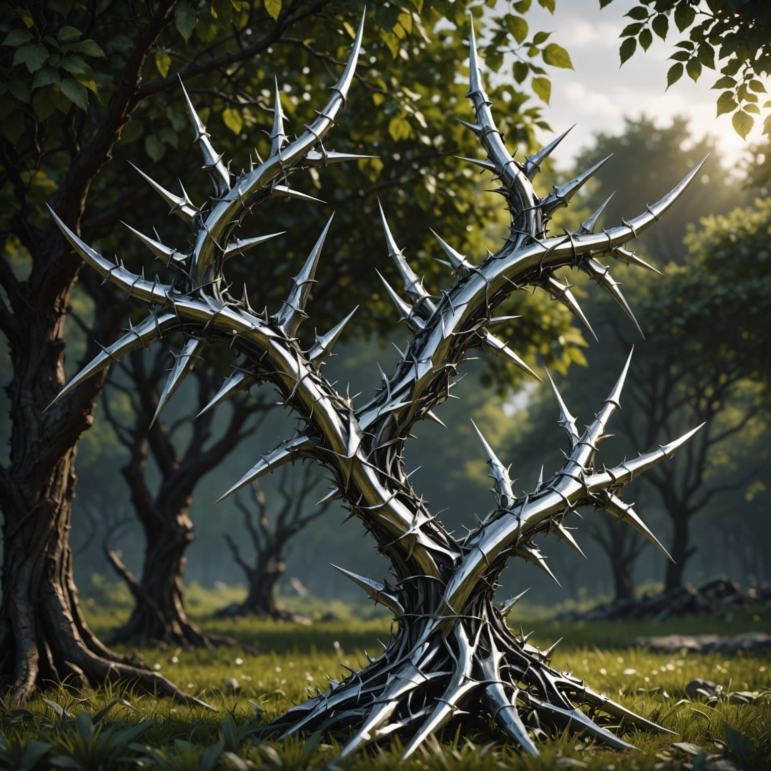 Sculpture of Chrome Neotribal Thorns Illuminated by Thunder