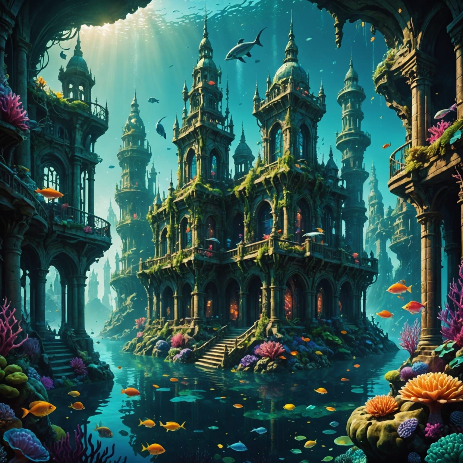 Surreal Underwater City of Merfolk in Matte Painting Style