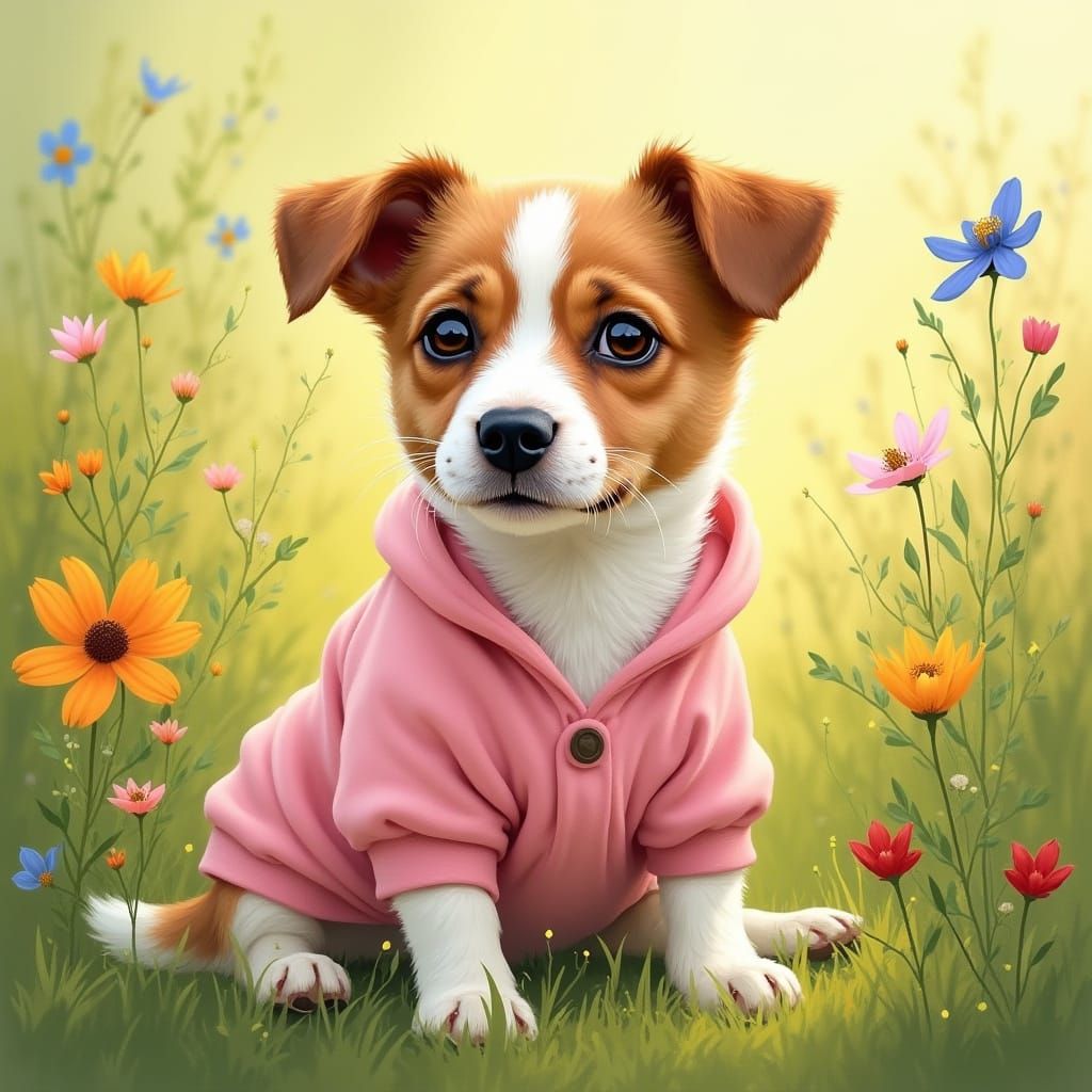 A jack russell terrier wearing a baby fox pink bodysuit