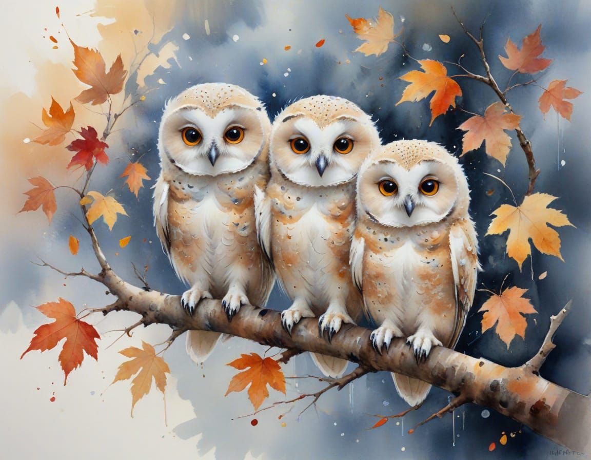 Owlets on Branch: Tender Impressionist Watercolour Painting