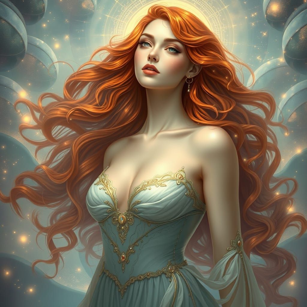 Celestial Woman in Ethereal Realm, Art Nouveau Style