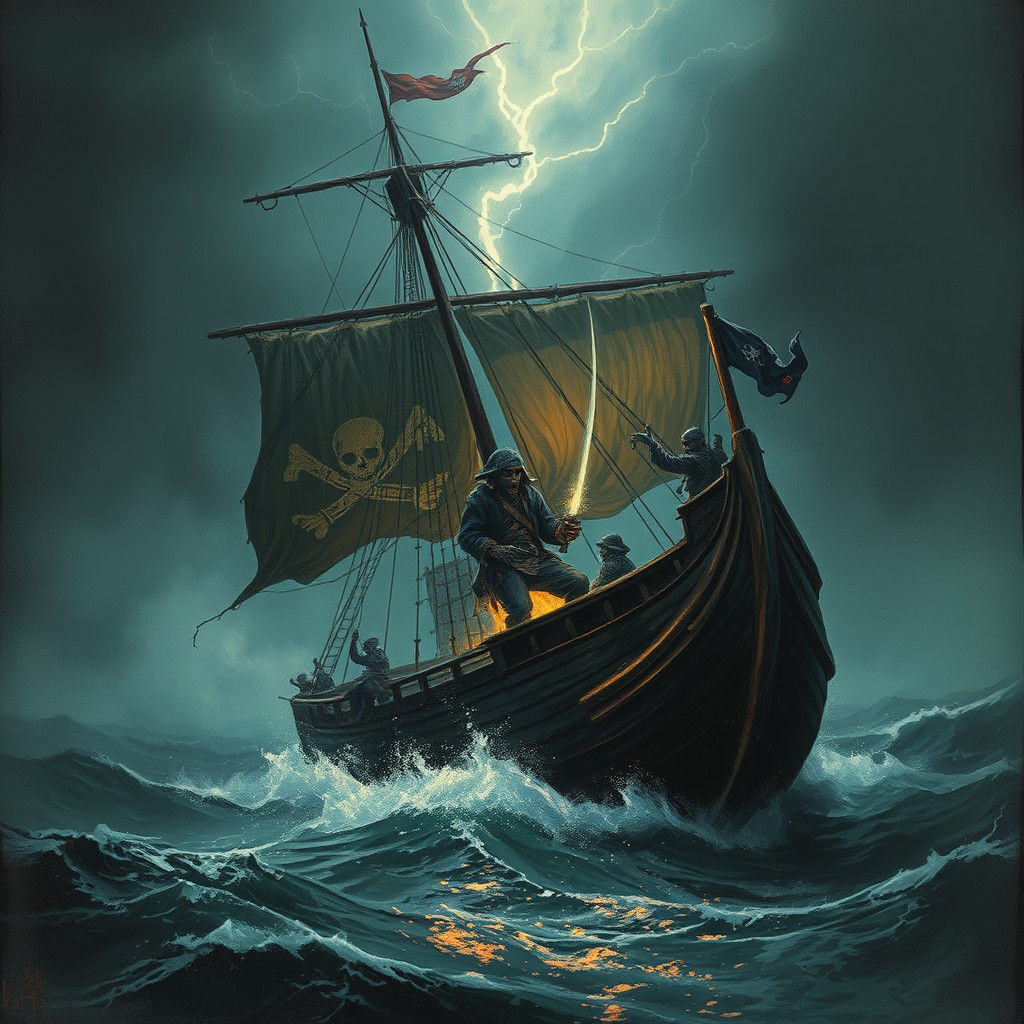 Zombie Pirate Ghost Ship in Lightning Storm: Horror Art