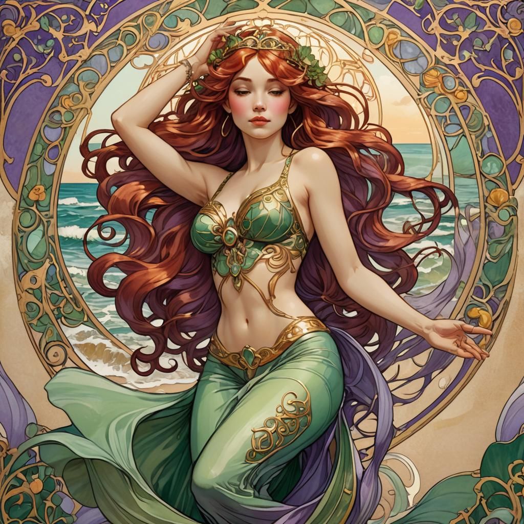 Art Nouveau illustration. Medium shot. Ariel from La Sirenit...