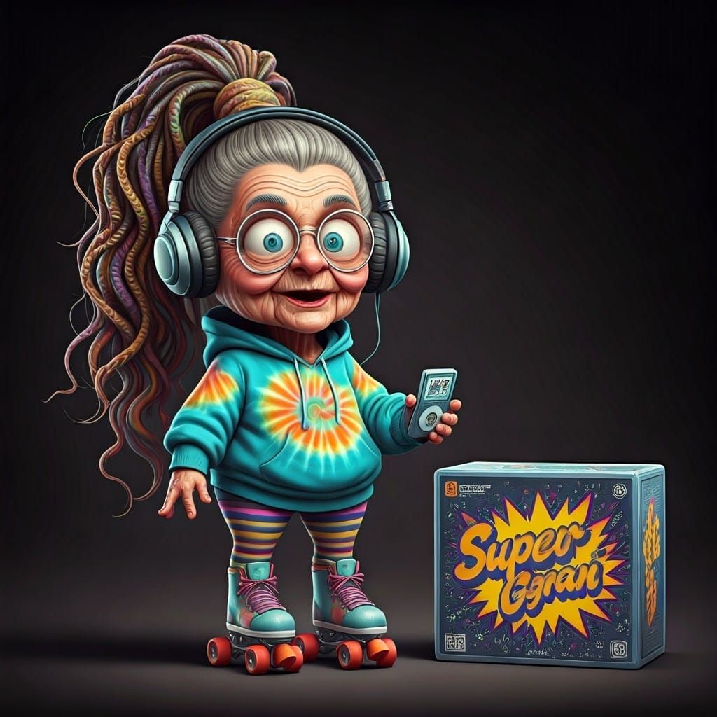 Exaggerated Elderly Woman Wears Psychedelic Hip Hop Attire