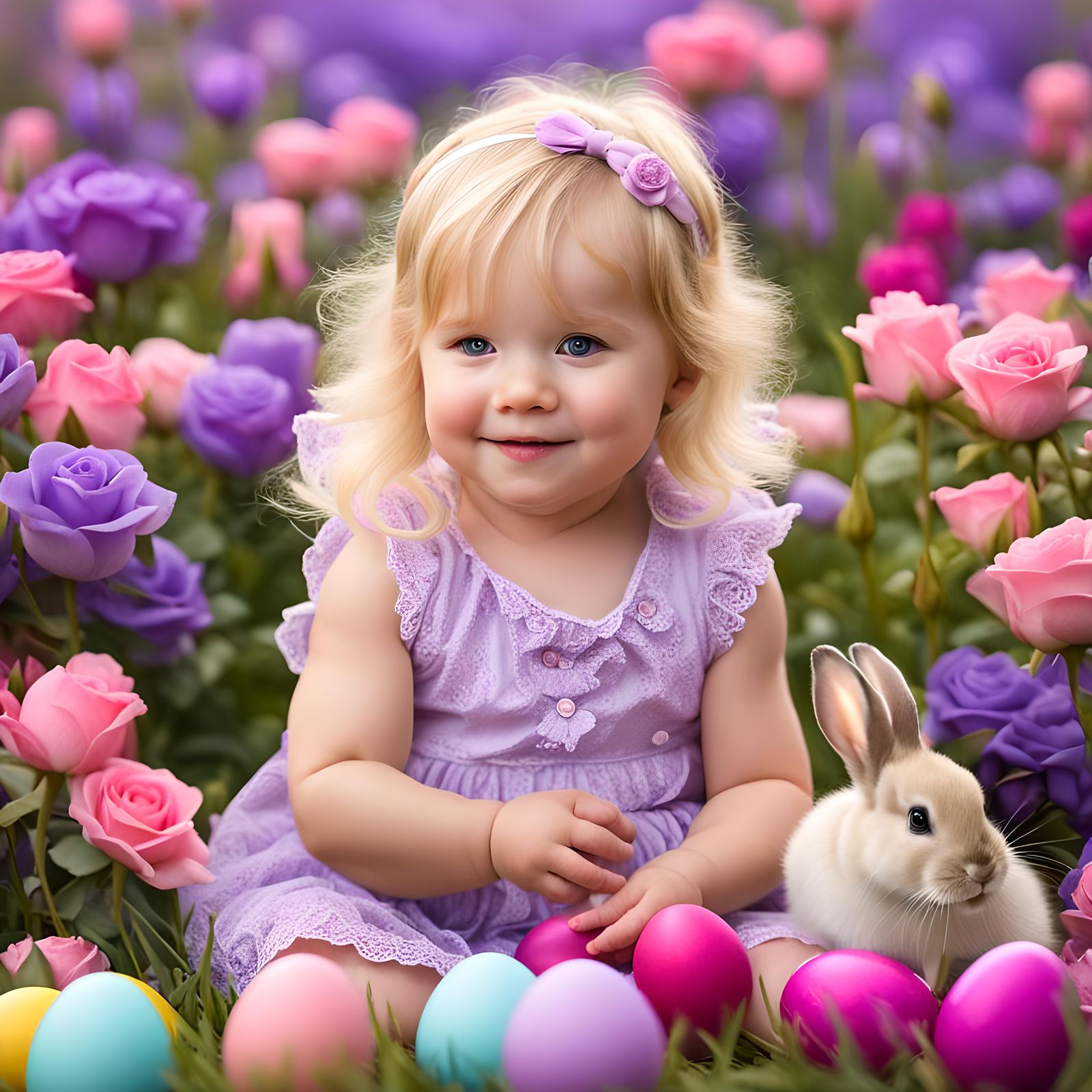 Baby Girl with Bunnies in Rose Garden
