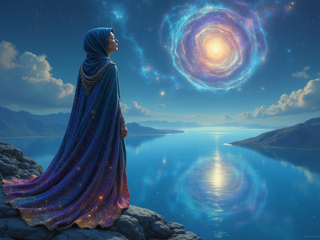 Surreal Figure Attunes to Celestial Rhythms on Cosmic Lake's...