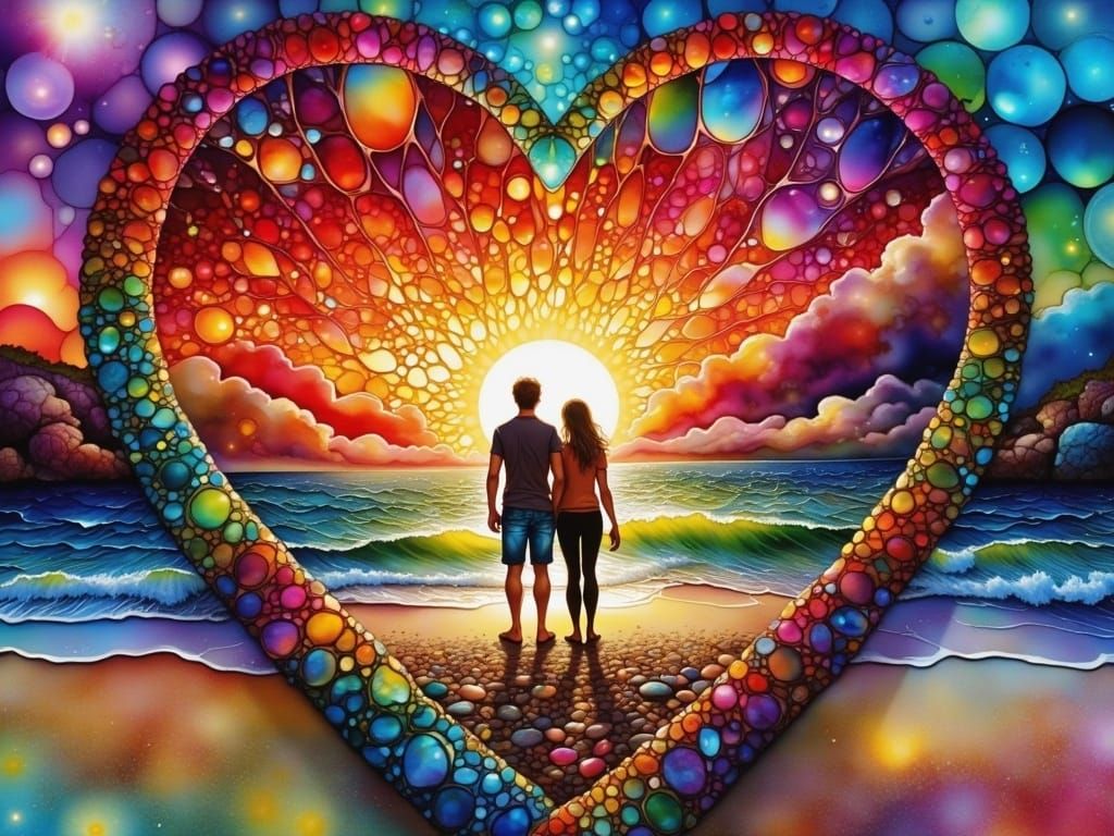 Colorful Pebble Heart on Sandy Beach at Sunset