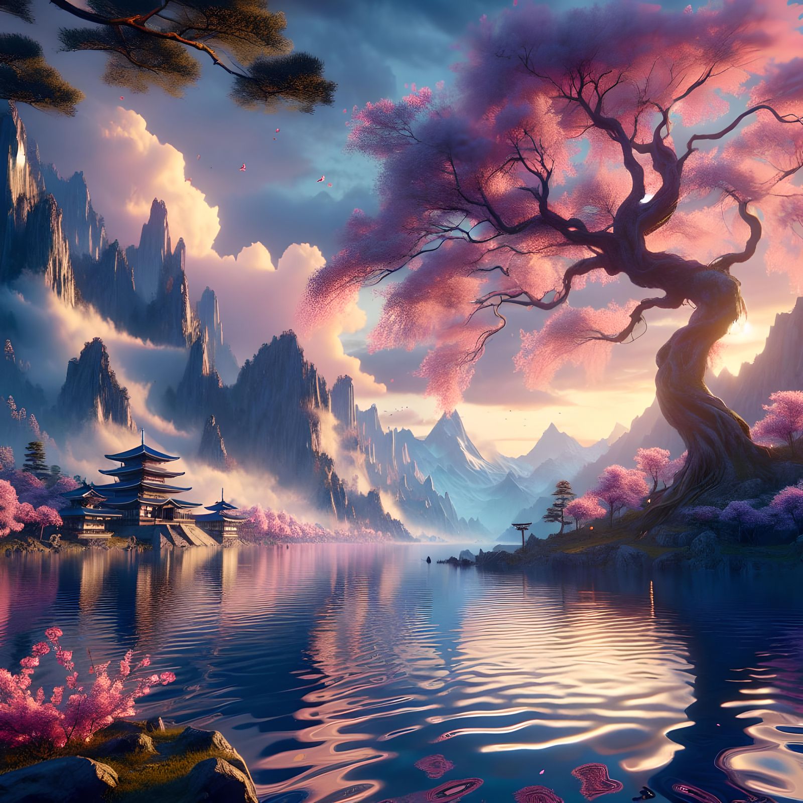 A stunning beautiful ancient sakura tree in front of a amazi...