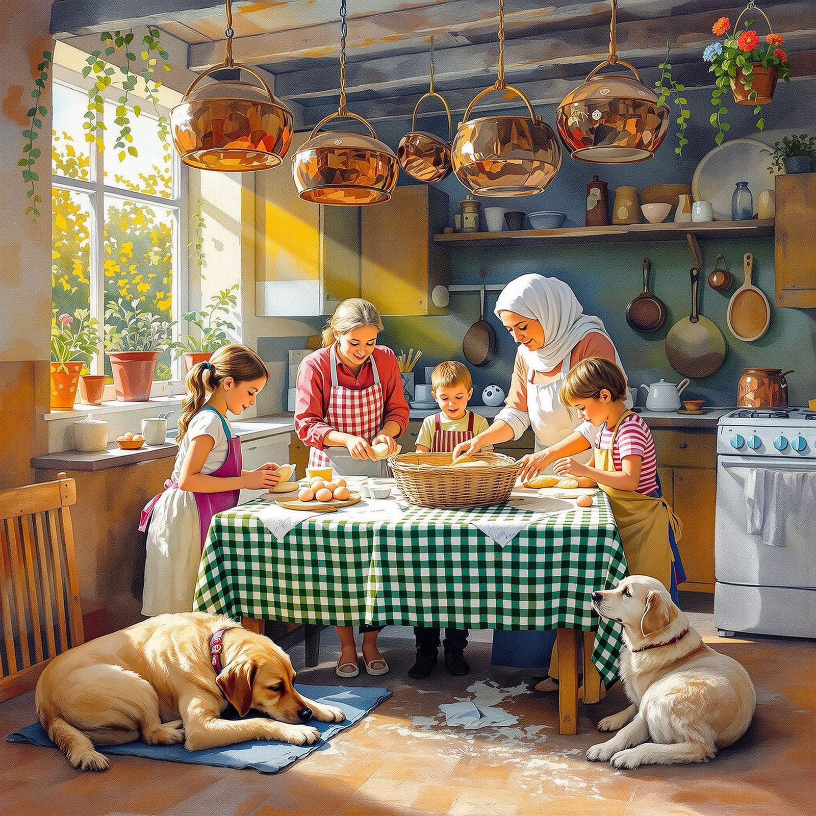 Family Baking Together in Cozy Kitchen as Textured Oil Paint...