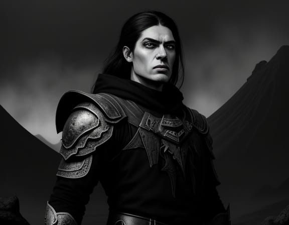 Matronly Monster Hunter Near Volcanic Crater in Grayscale