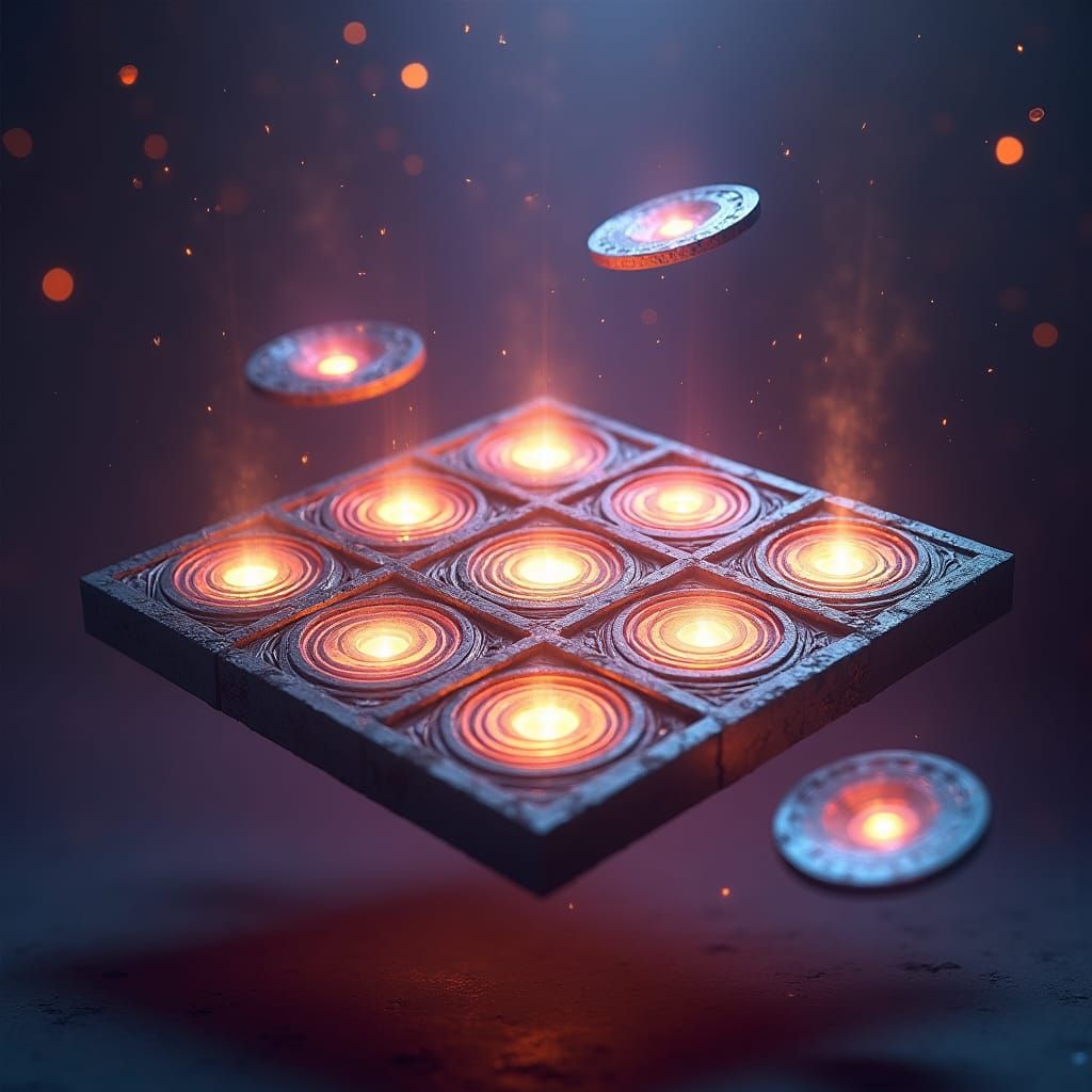 Mystical Floating Tic Tac Toe Board with Glowing Discs