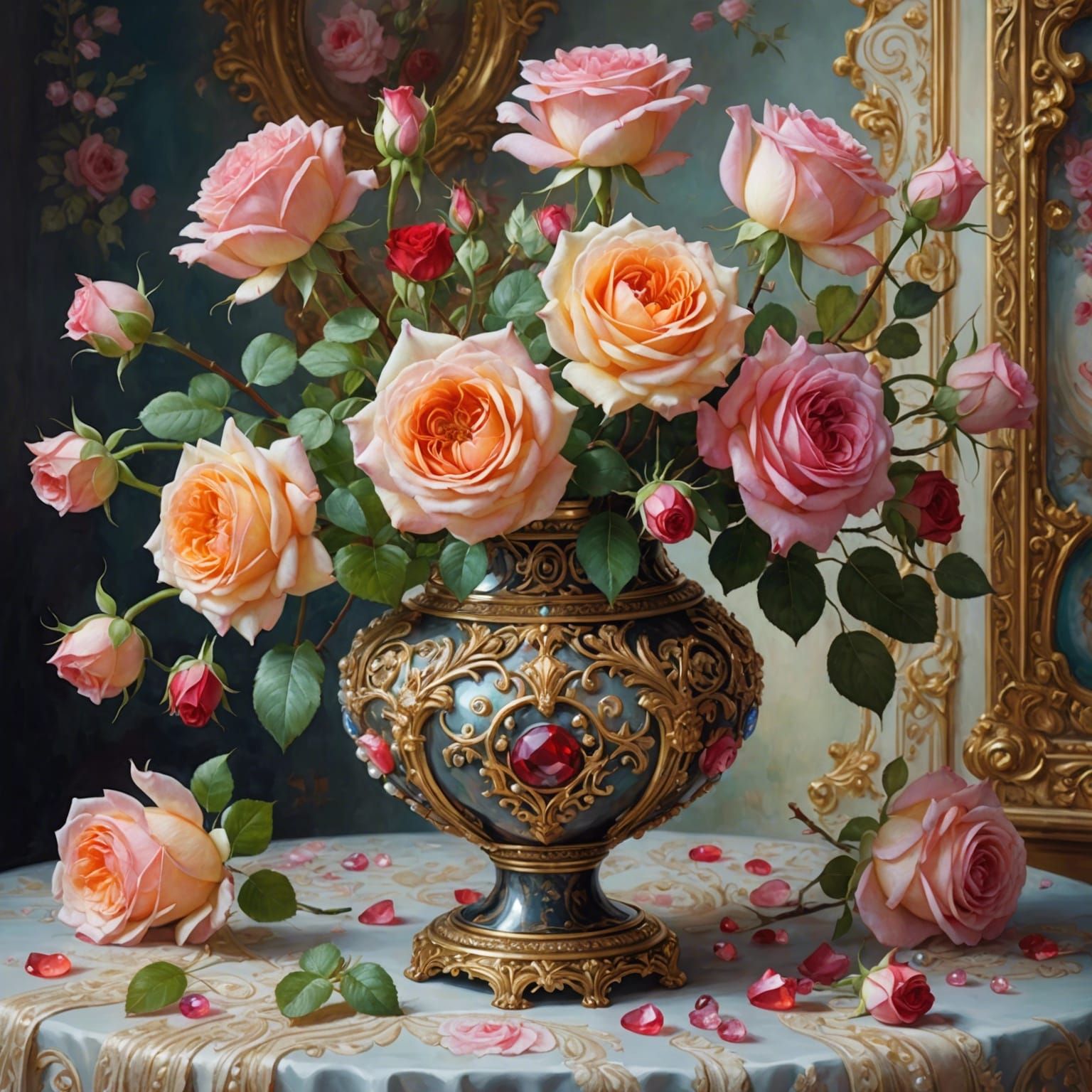 Flowers in Bloom - Beautiful Roses in Ornate Vase