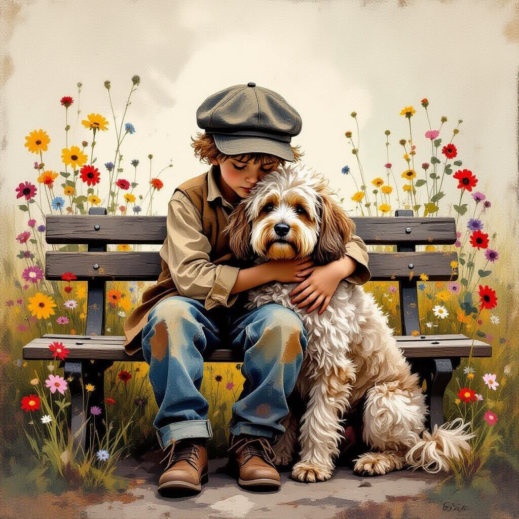 Boy and Dog in Earthy Tones, Painterly Style