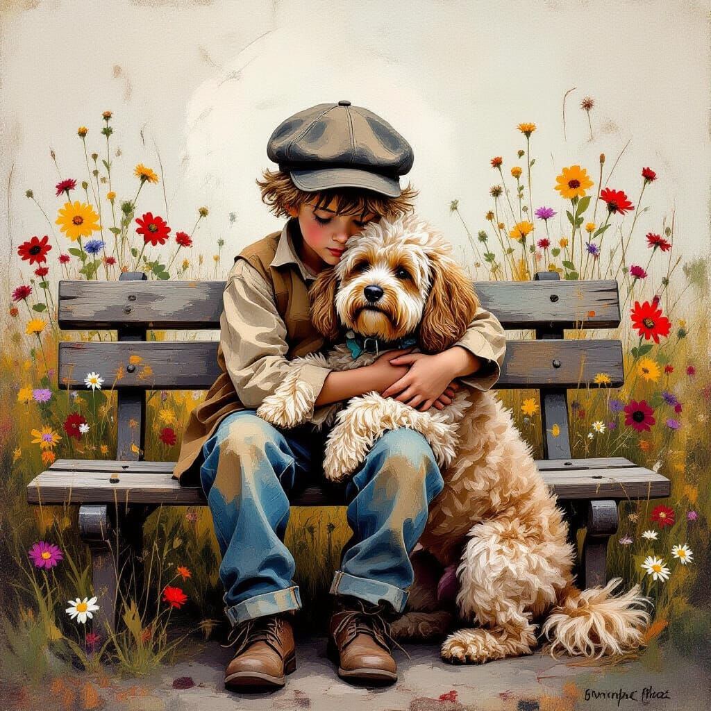 Boy and Dog in Melancholic Oil Painting Style