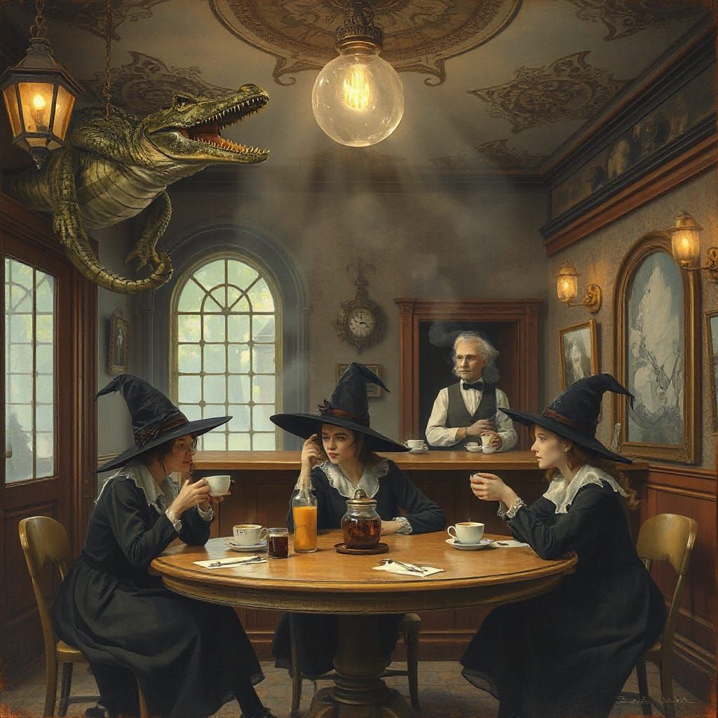 Witches Chatting in Enchanted Cafe with Ghost Waiter