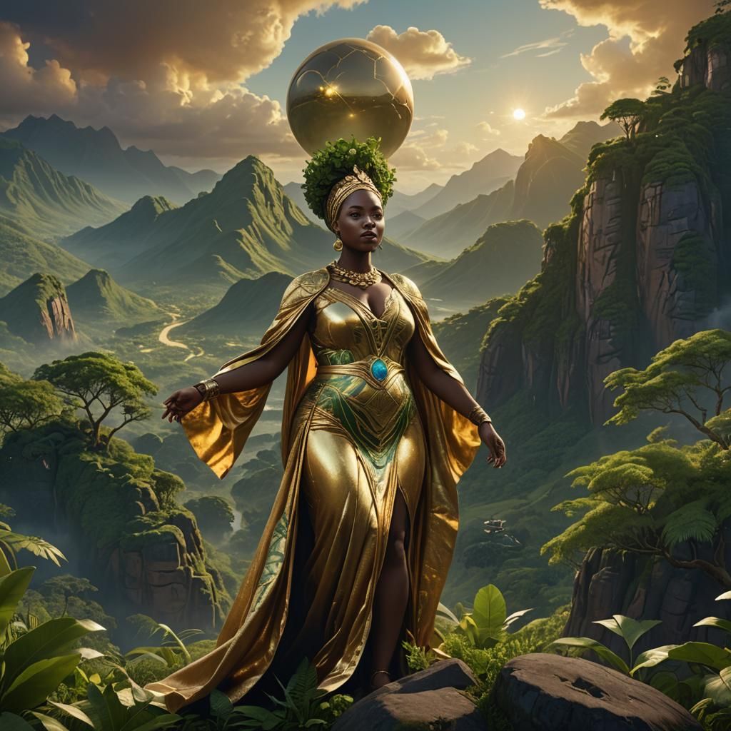 Golden African Woman on Lush Mountain in Light Orb