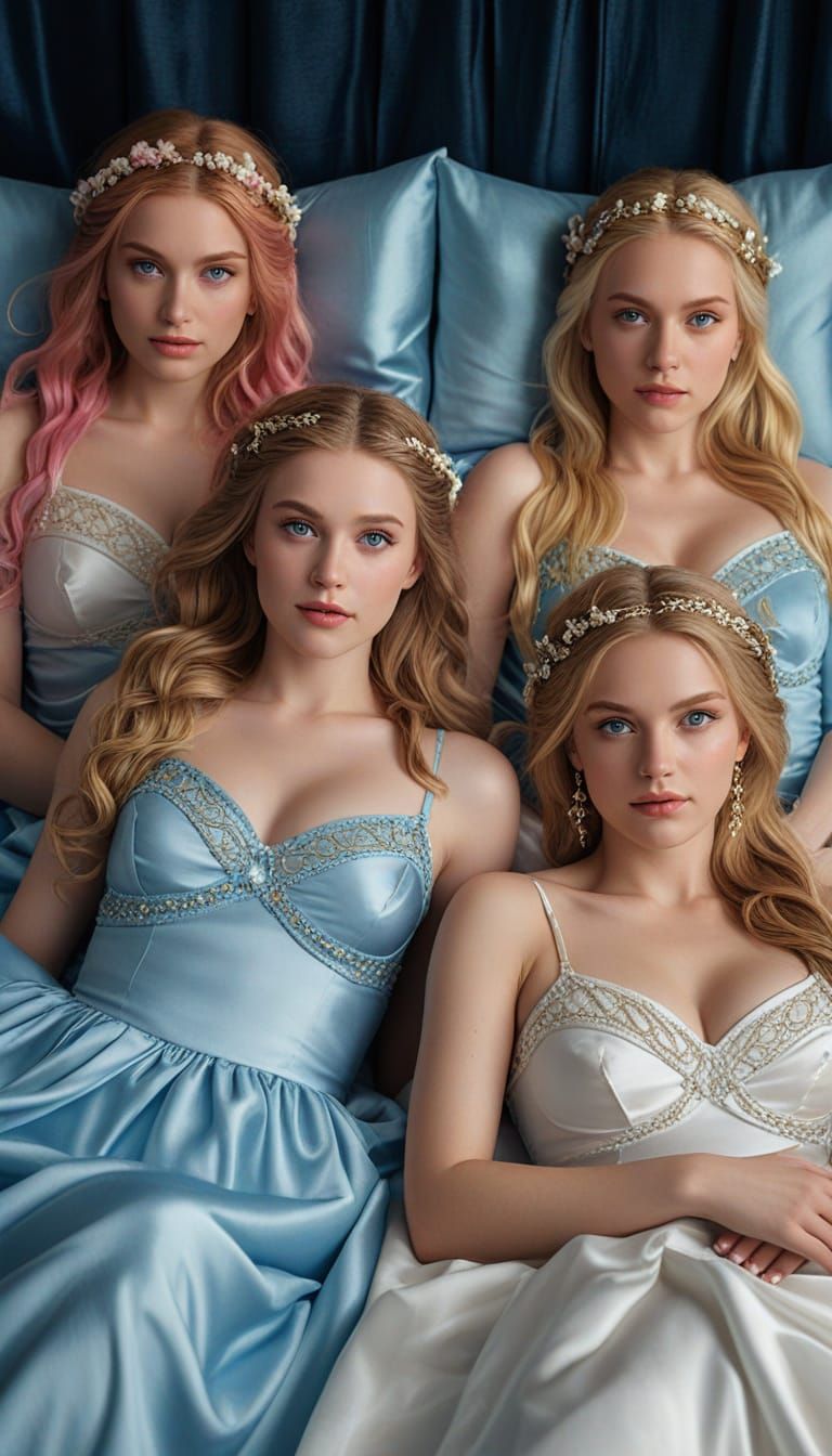 Divine Goddesses on Luxurious Satin Bed