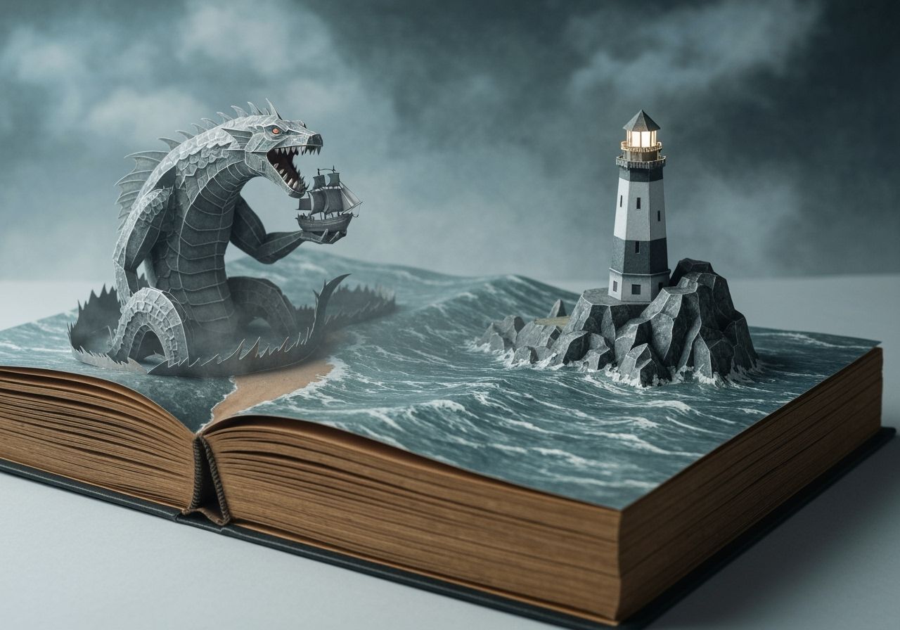 Giant Paper Sea Monster Attacks Ship in Stormy Popup Book