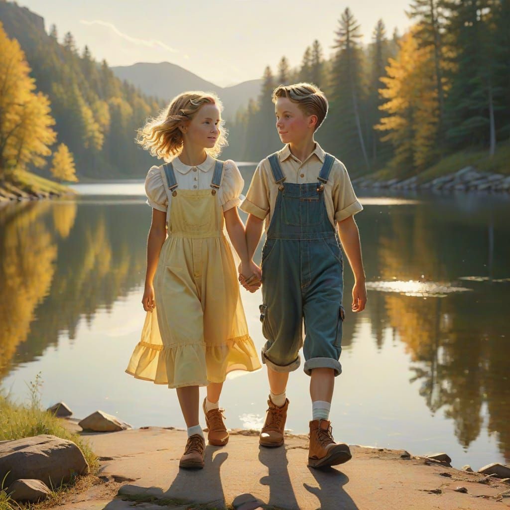 Children Walking to Lake in Rockwell Style