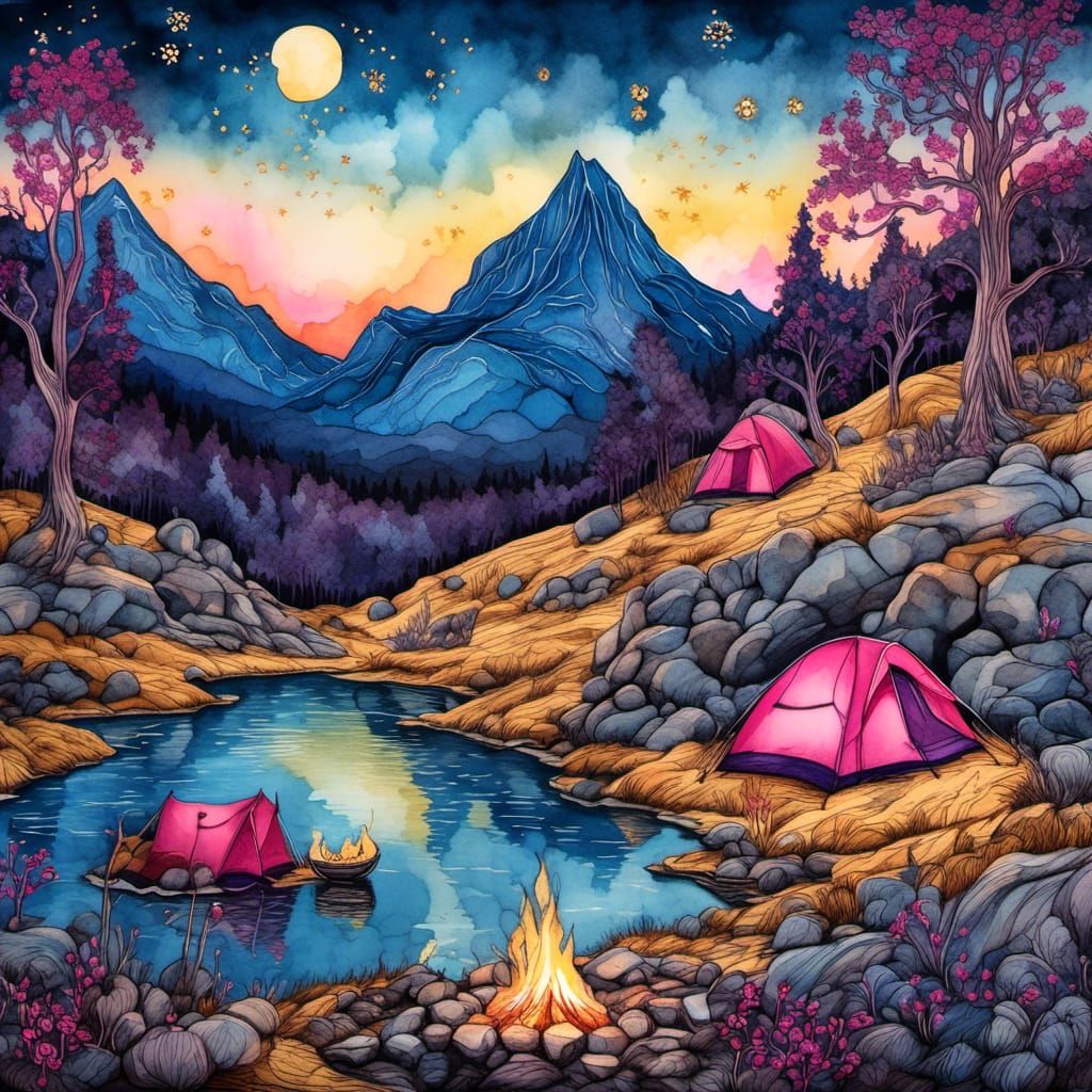 Alpine Campers in Art Brut Watercolor Illustration