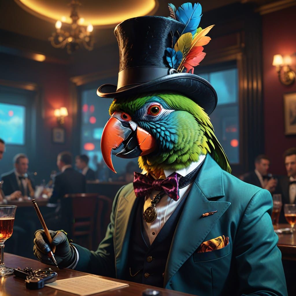 Glitch Art Portrait of Parrot Saxophonist in Jazz Club