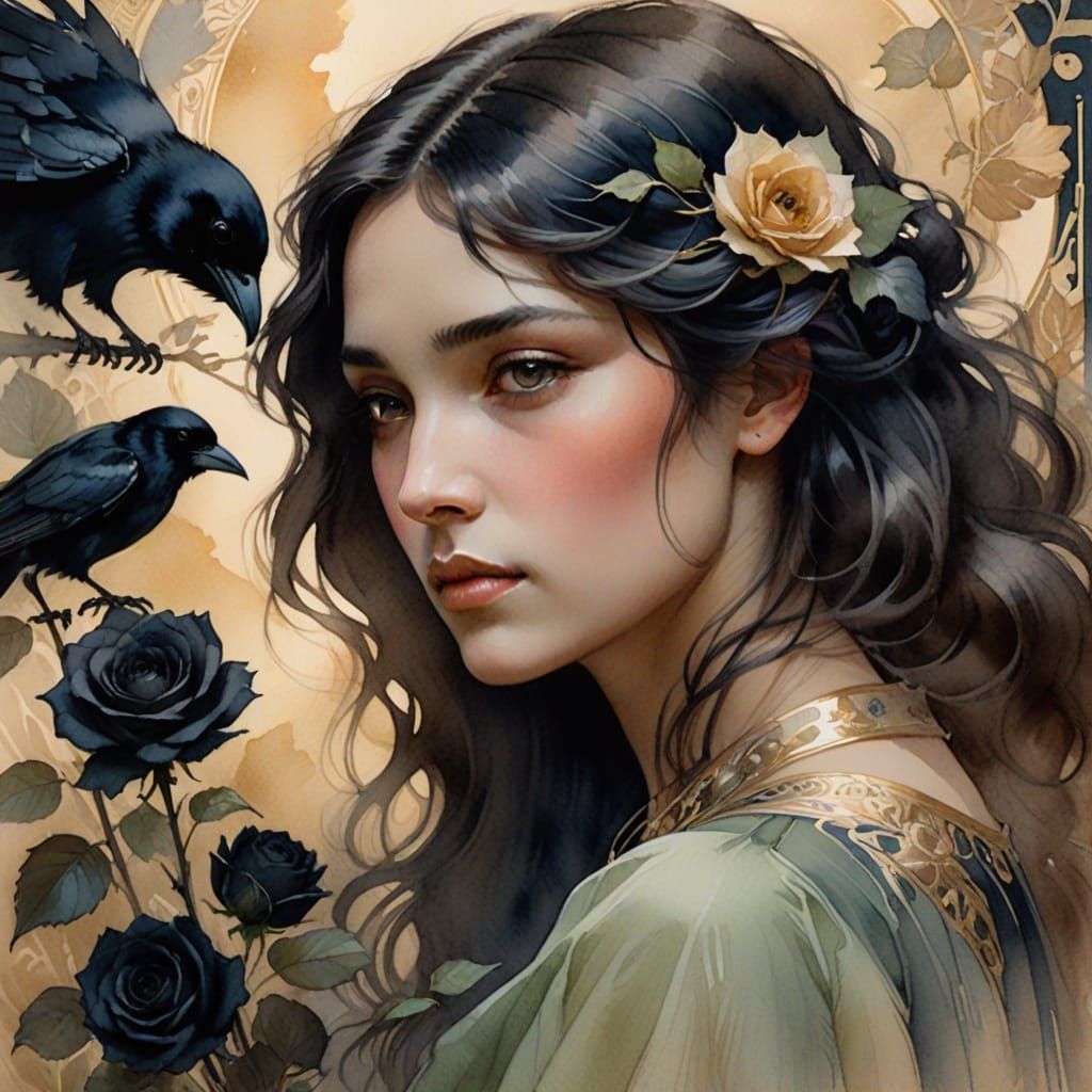 Mysterious Woman with Rose: Watercolor in Mucha Style