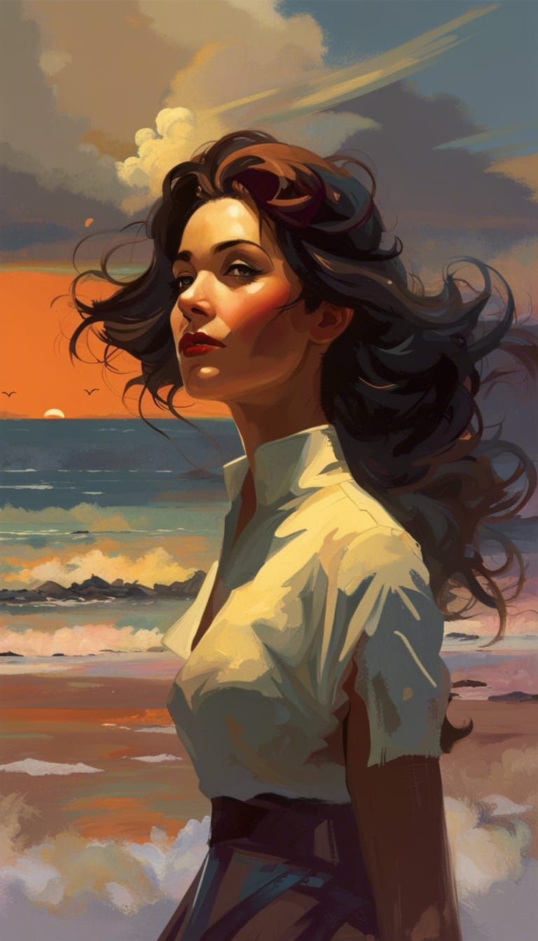 Retro-Futuristic Woman Watching Waves: Hyperrealistic Concep...